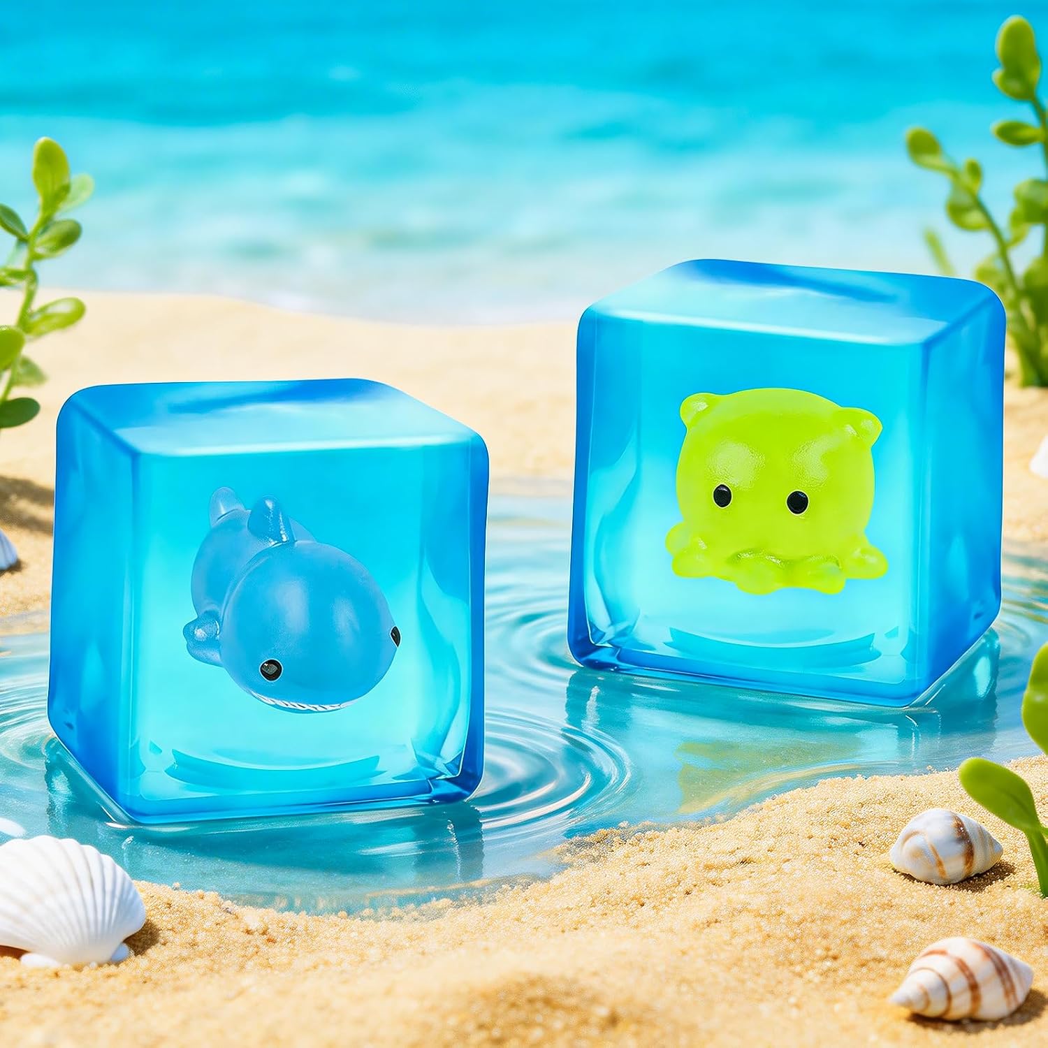 VISCOO 4 Pack Stress Cube -Glow in The Dark Sea Animal Inside Squishy Toys, Cube Squishy Stress Balls for Anxiety Relief, Squeeze Toys for Kids Adults,Fidget Gummy Toys for Party Favors - Image 5
