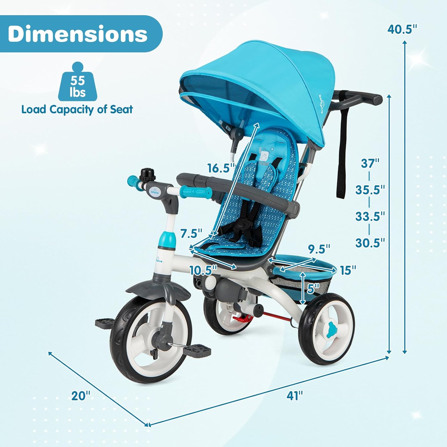 Costzon Tricycle for Toddlers, 6 in 1 Trike w/Parent Handle, Adjustable Canopy, Storage, Safety Harness & Wheel Brakes, Baby Push Tricycle Stroller for Kids Boys Girls Aged 9 Month-5 Years Old, Blue - Image 8