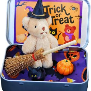Halloween Bear in a Box for Trick or Treat, Witch Teddy Bear in Box, with Witch Wizard Blanket Broom Cape Pumpkin & Cat,They are the Perfect, Fun mini Halloween Party Toys for Boys and Girls. (Khaki)