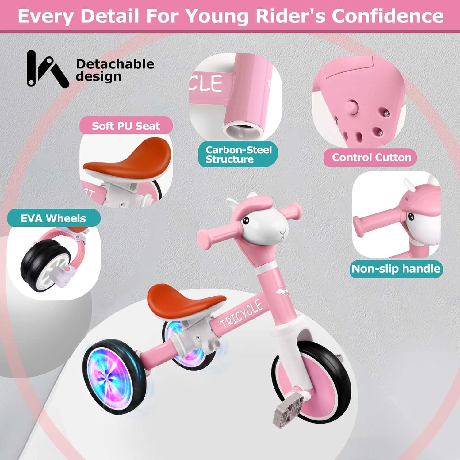 Toddler Balance Bike with Light Wheels & Music Front, Tricycle for Toddlers 1-5 Year Olds, Toddler Tricycle for Boys Girls, Kids Bicycle Birthday Gifts for Kids (Flash Wheel Pink) - Image 6