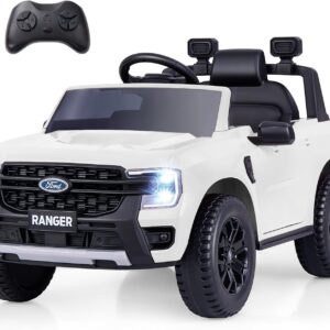 Licensed Ford Ranger Ride on Pickup Truck by INFANS, 12V Battery Powered Electric Vehicle for Kids with Remote Control, Headlight, Power Display, Bluetooth, MP3, Music, Aged 3-6 Years (White)