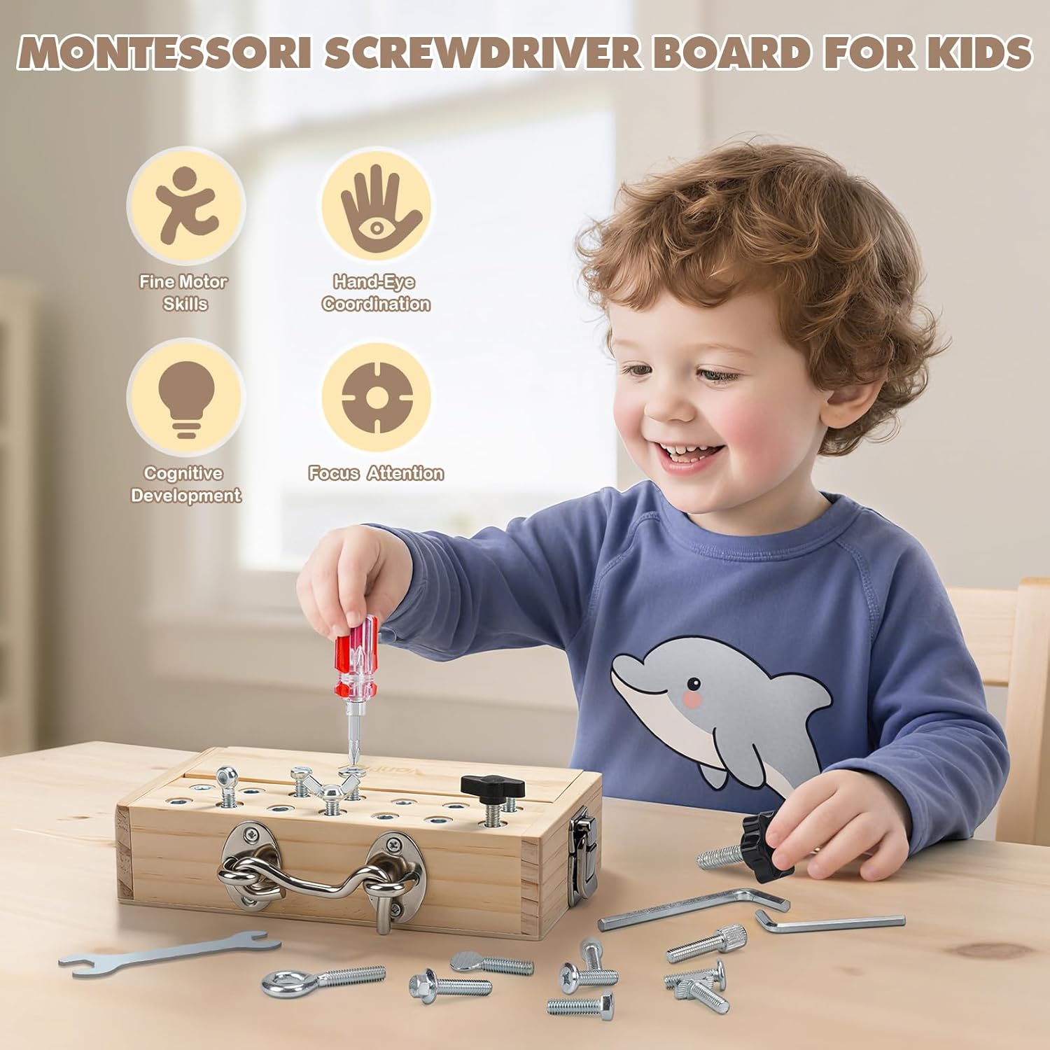 Vanplay Busy Board Toys for 3 4 5 Year Olds Boy Birthday Gifts, Montessori Toys for 3 Year Old, Screwdriver Board Set with Lock and Key - Wooden Kid Tool Set Educational Learning Toys for Kids 3-6 - Image 2