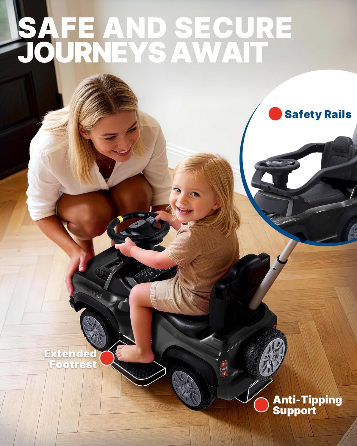 First Ride On 3-in-1 Toddler Push Car, Licensed Ford Bronco Raptor Kids Push Car for Toddlers 1-3 w/Handle, Safety Rails, Music and Horn, Toddler Ride on Toy for Boys, Stroller Substitute (Black) - Image 5