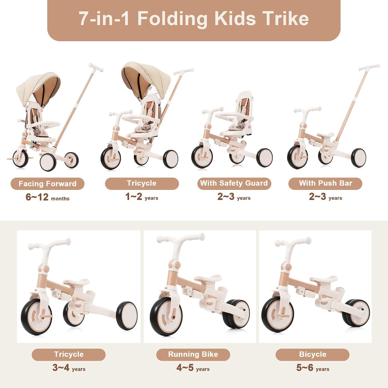 Baby Tricycle, 7-in-1 Foldable Kids Trike with Adjustable Parent Handle, Removable Canopy, Pedals & Guardrail, Kids Push Bike Stroller for 12-72 Months for Boys & Girls (Light Brown) - Image 3