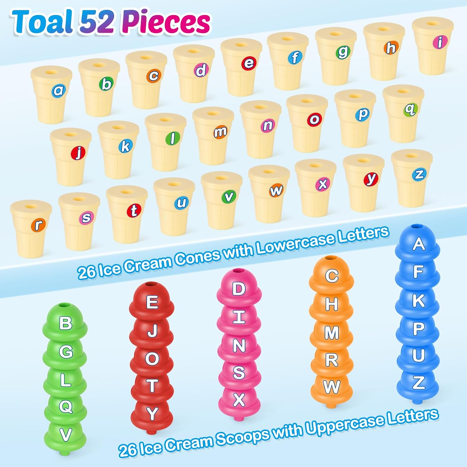 Torlam Alphabet Learning Ice Cream Toy Play Set, Toddler to Little Kid, Letter Matching Toy, 26 Letters Games, 52 Pieces - Image 4