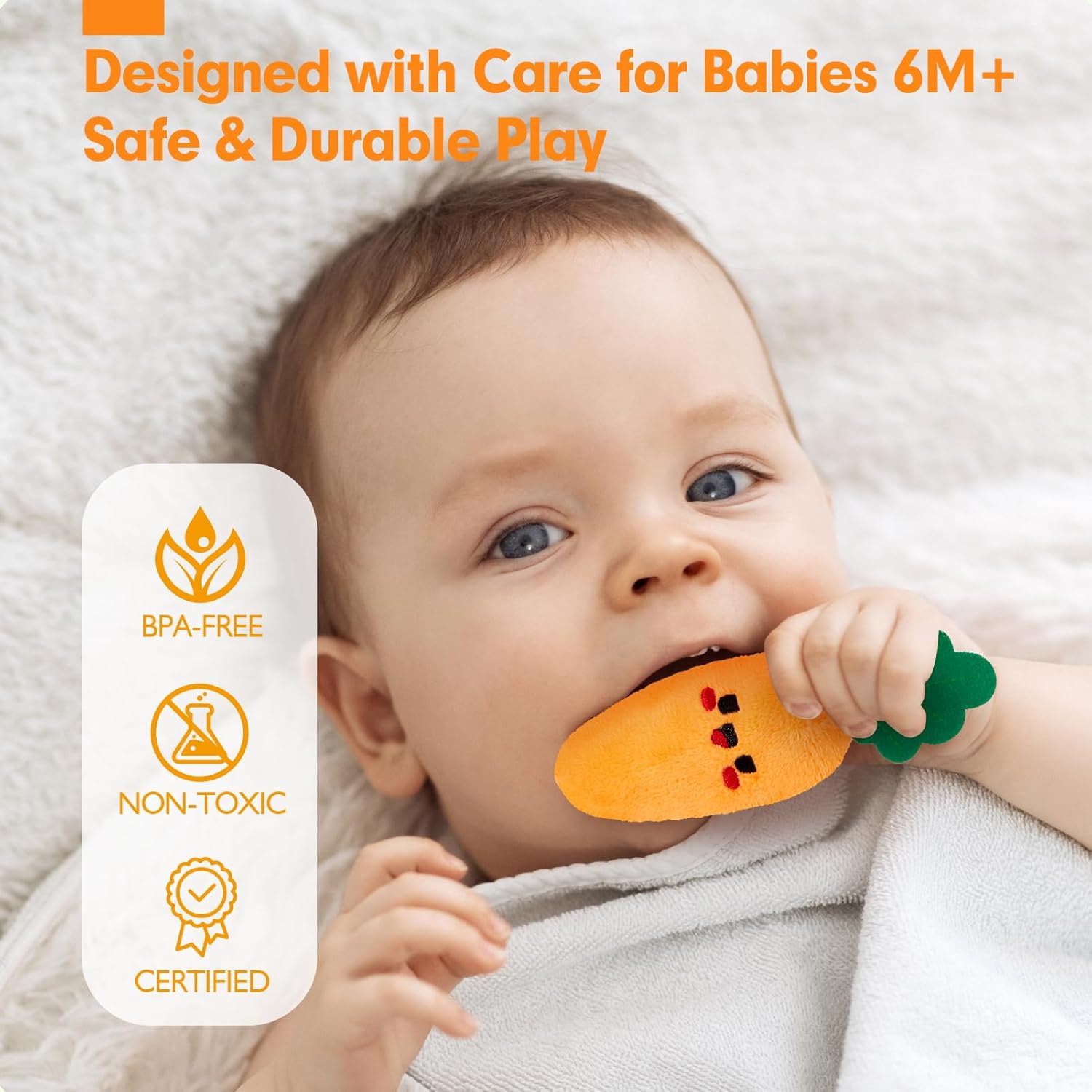 hahaland Baby Toys 6-12 Months - Fruits Vegetables Garden Plant Farm Plush | 6 Month Old Montessori Sensory Toys Carrot Flower with Rattles Mirror Squeaker Crinkle Tissues, 9 Month Old Gifts for Babies - Image 6