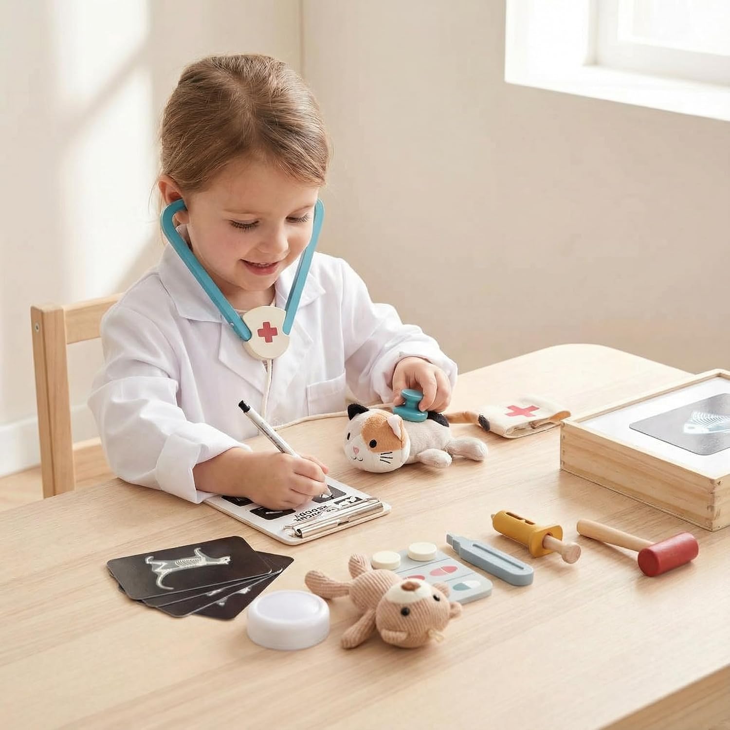 Macabaka Doctor Kit for Toddlers 3-5, Pet Vet Pretend Play Toys for Kids, with X-Ray, Wooden Light Box, Medical Tools, STEM Educational Montessori Toys - Image 7