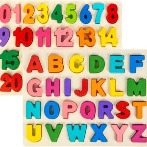 Attmu Wooden Puzzles for Toddlers, 2 Pcs Alphabet ABC Shape Number Puzzle | Learning Toys for Kids Preschool Educational Activities Toddler Gift Toys for Girls Boys Christmas Valentines Easter