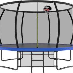 Lyromix 12 14 15 16FT Outdoor Trampolines for Kids and Adults, Pumpkin Trampolin with Curved Poles, Recreational Trampolin with Basketball Hoop and Safety Enclosure Net for Kids and Adults