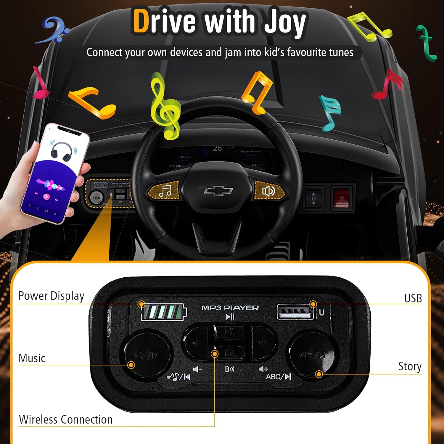 Costzon Ride on Car, 12V Licensed Chevrolet Truck, Kids' Electric Vehicles with Remote Control, Rear Storage, Music, USB, Lights & Spring Suspension, Kids Car Toy for Aged 3+ (Truck, Black) - Image 5