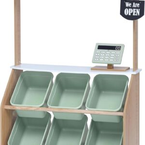 Teamson Kids Little Helper Wooden Farmer’s Market Stand with Pretend Cash Register and 6 Plastic Storage Bins, Green, TD-13638A-AMZ | Pretend Grocery Store Playset, Cash Register Toy, 6 Storage Bins, Awning, Ages 3+
