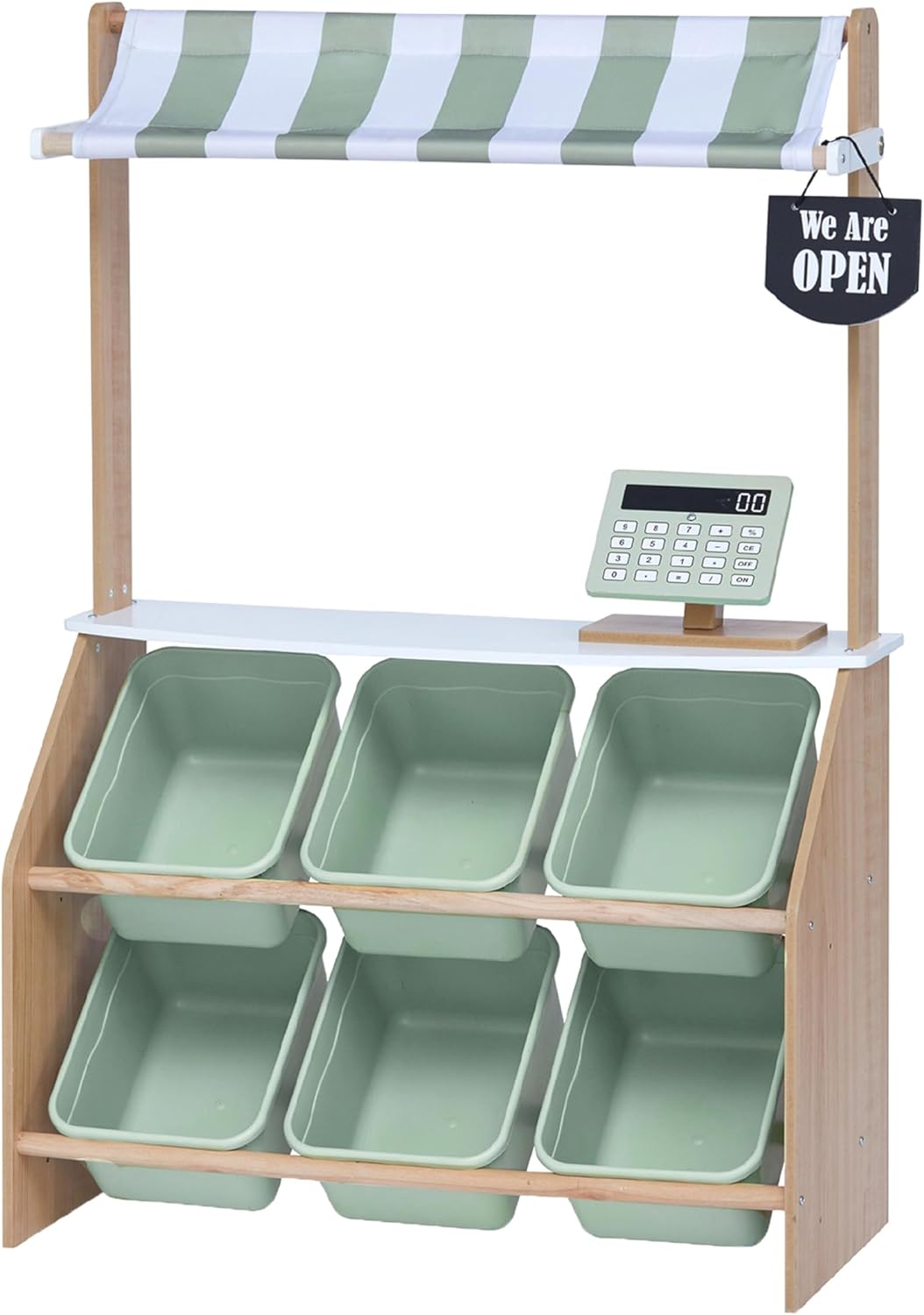 Teamson Kids Little Helper Wooden Farmer's Market Stand with Pretend Cash Register and 6 Plastic Storage Bins, Green, TD-13638A-AMZ | Pretend Grocery Store Playset, Cash Register Toy, 6 Storage Bins, Awning, Ages 3+