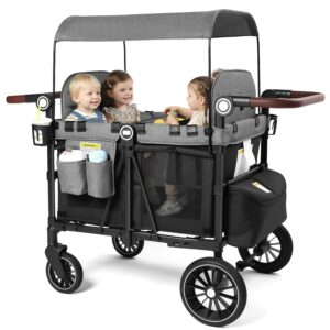 Kinder King Wagon Stroller for 4 Kids, Adjustable Handle, Black&Grey | All-Terrain 4 Seater Folding Outdoor Stroller Wagon, Removable Canopy, 5-Point Safety Harness, Detachable Tray, Large Storage