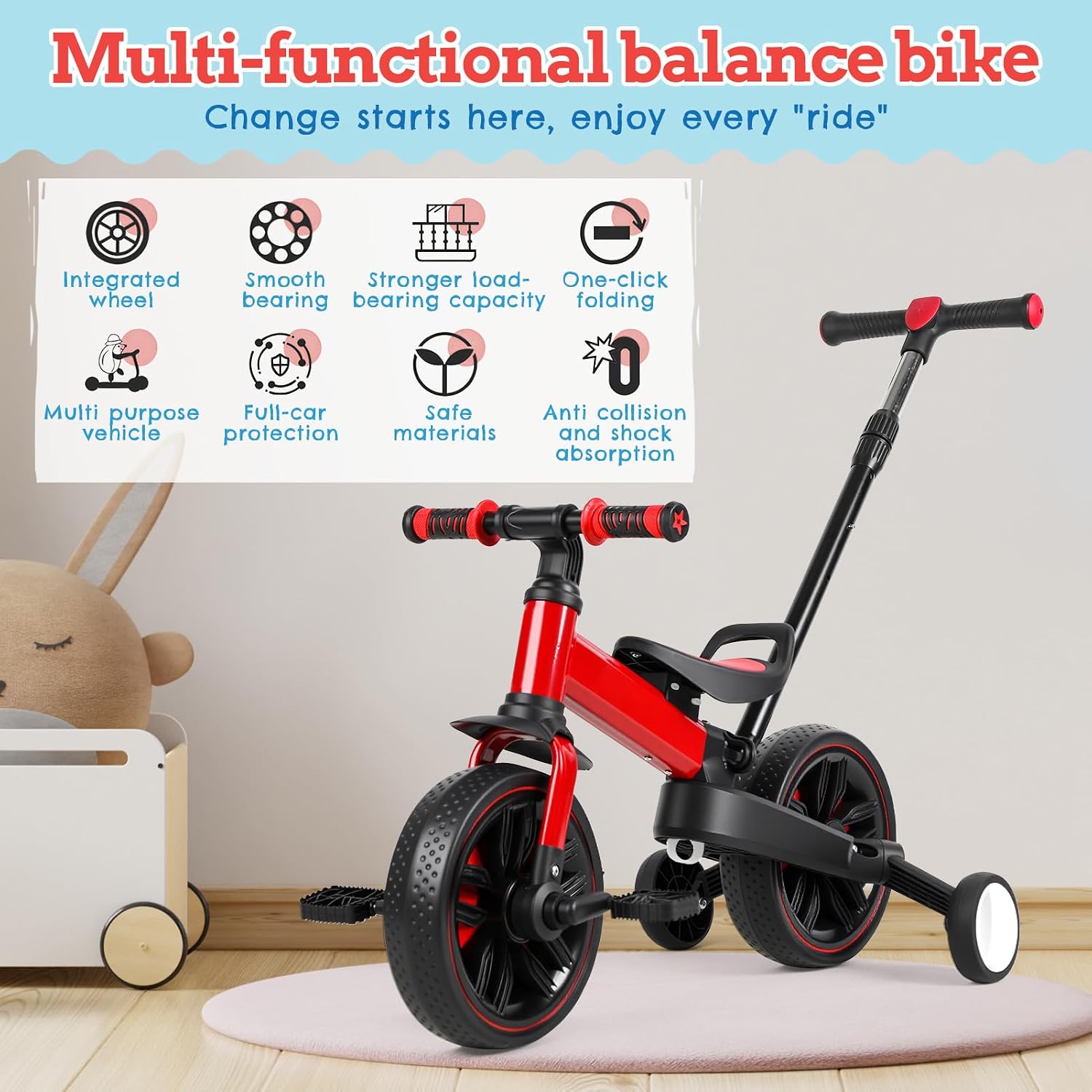 Toddler Bike 6-in-1 Tricycle for Toddlers 1-6, Kids Bike & Balance Bike with Push Handle, Foldable Toddler Balance Bike & Bicycle,Perfect Boys and Girls Birthday Gift and Toys - Image 5