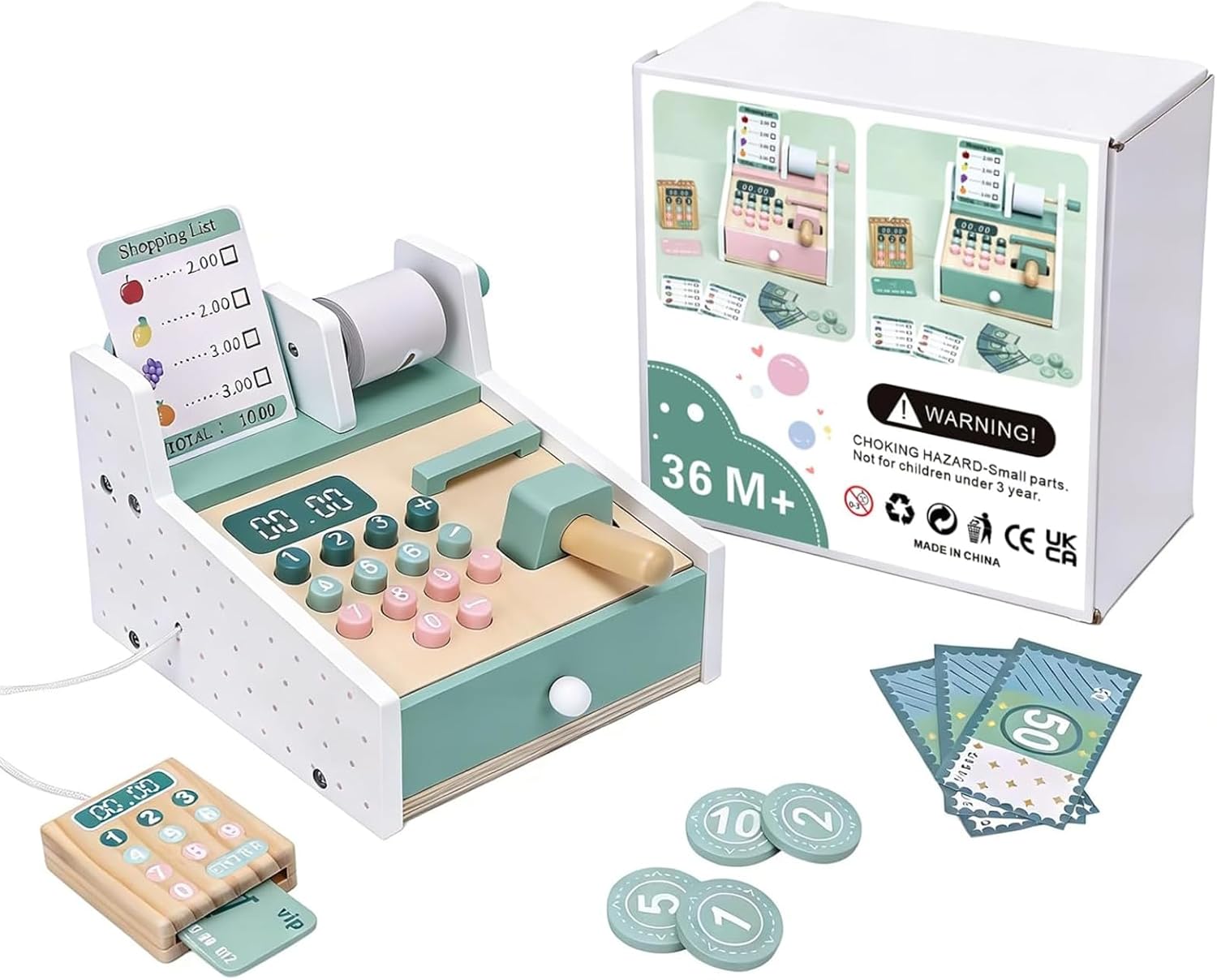 Wooden Cash Register Toy, Cash Register Toy Set with Scanner, Play Money & Shopping Cards, Kids Cashier Role Play , Educational for Learning Math Skills