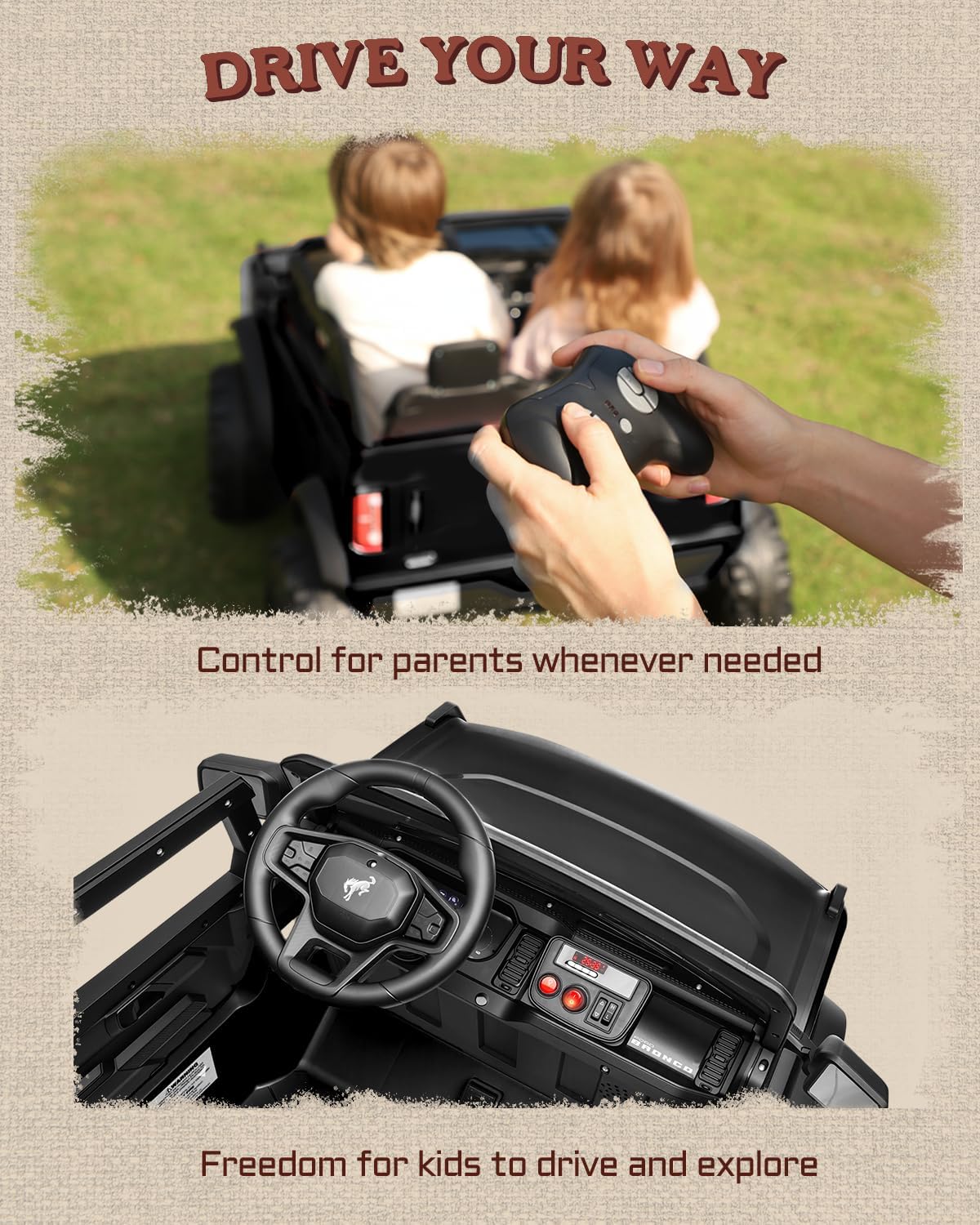 First Ride On 24V Ride on Toys for Big Kids, 2 Seater Licensed Ford Bronco Base Ride on Car, Electric Car for Kids with Parent Remote Control, Bluetooth, Seat Belts, Spring Suspension and LED (Black) - Image 5