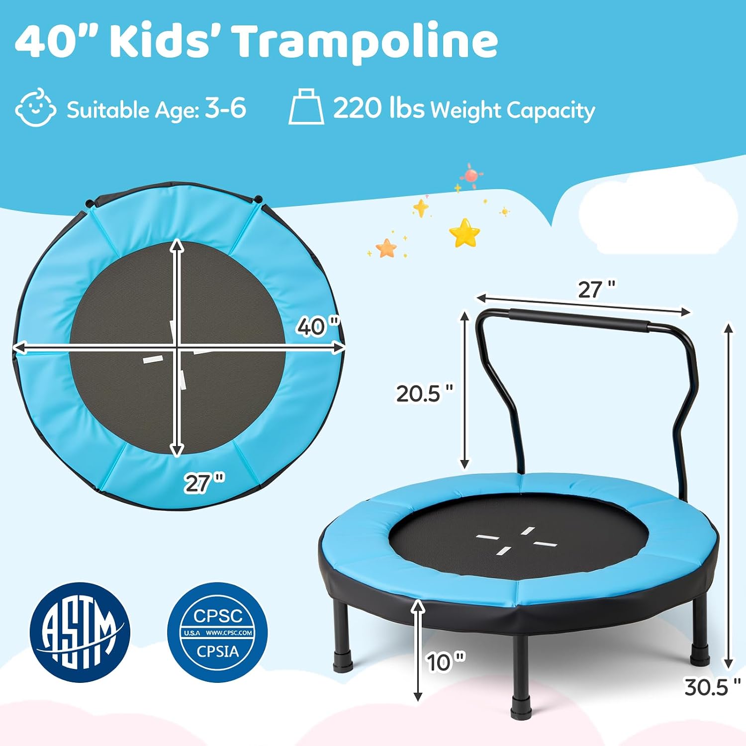 Goplus 40" Mini Trampoline for Kids, Indoor/Outdoor Fitness Trampoline with Foam Handlebar & Safety Pad, Home Workout Equipment for 3-6 Years Old Toddlers, Gift for Boys & Girls - Image 6