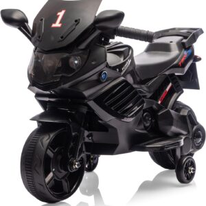 Kids Ride On Motorcycle, 6V Battery Powered Electric Motorcycle, w/Treaded Tires, Horn, Working Headlight, Music, Training Wheels, Stable Ride On Toys for Kids Toddler Boys Girls 3-6, Black