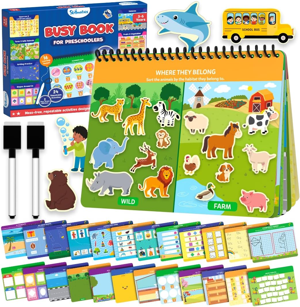 Skillmatics Busy Book for Preschoolers – Preschool Learning Activities, Mess-Free & Pre-Assembled, 150+ Reusable Stickers, Educational Homeschool & Travel Toy, Gift for Toddlers for Ages 3, 4, 5, 6