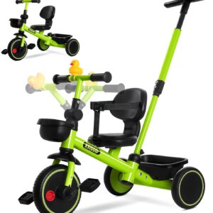 KRIDDO 2-in-1 Tricycle for Toddlers 1.5-5 Years, Push Tricycle with Parent Steering & Detachable Handle, 9-Stage Adjustable Handlebar, Toddler Trike with Safety Belt, Clutch Pedals & Dual Baskets, GN