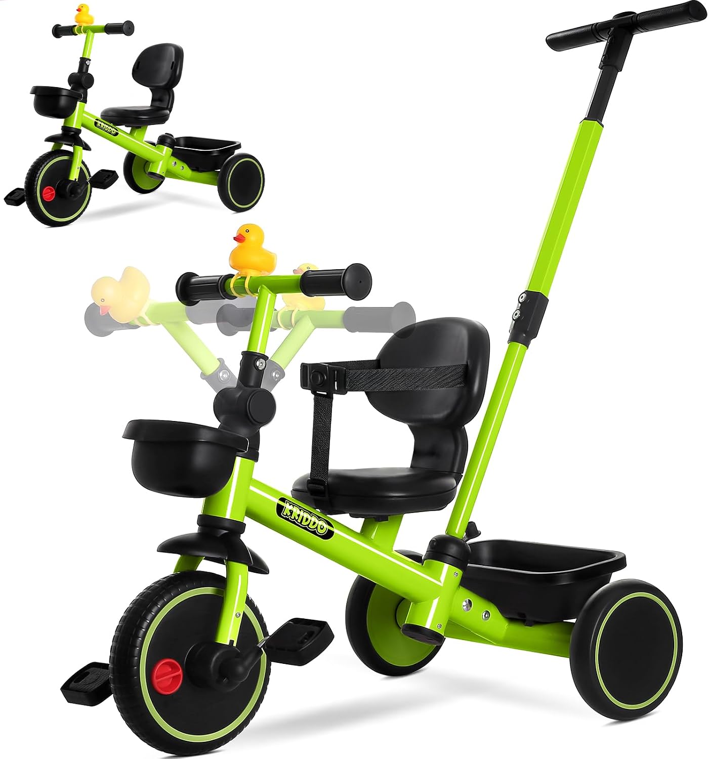 KRIDDO 2-in-1 Tricycle for Toddlers 1.5-5 Years, Push Tricycle with Parent Steering & Detachable Handle, 9-Stage Adjustable Handlebar, Toddler Trike with Safety Belt, Clutch Pedals & Dual Baskets, GN
