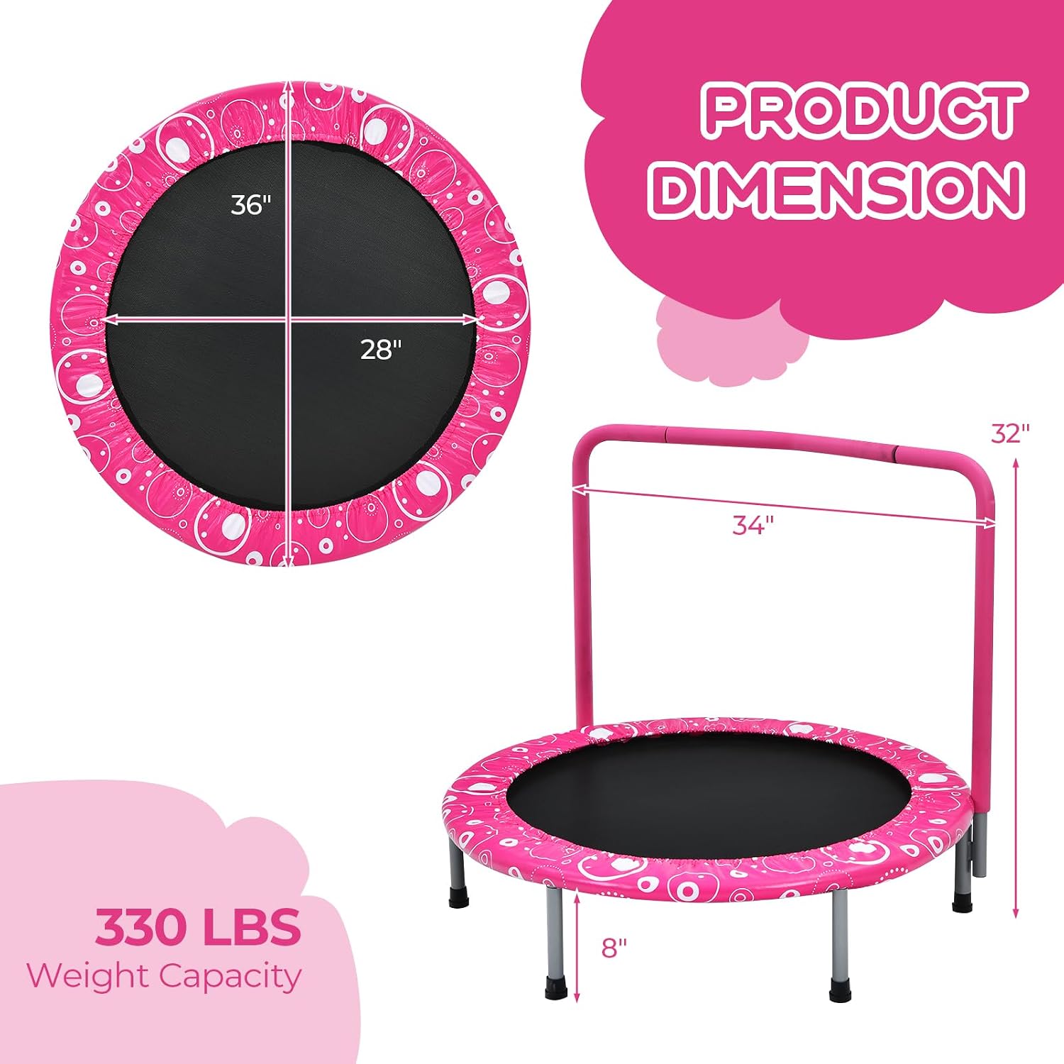 KOTEK 36 Inch Toddler Trampoline, Foldable Mini Recreational Trampoline with Handle & Safety Padded Cover, ASTM Approved Small Baby Trampoline, Indoor Trampoline for Kids, Max Load 330 Lbs - Image 7