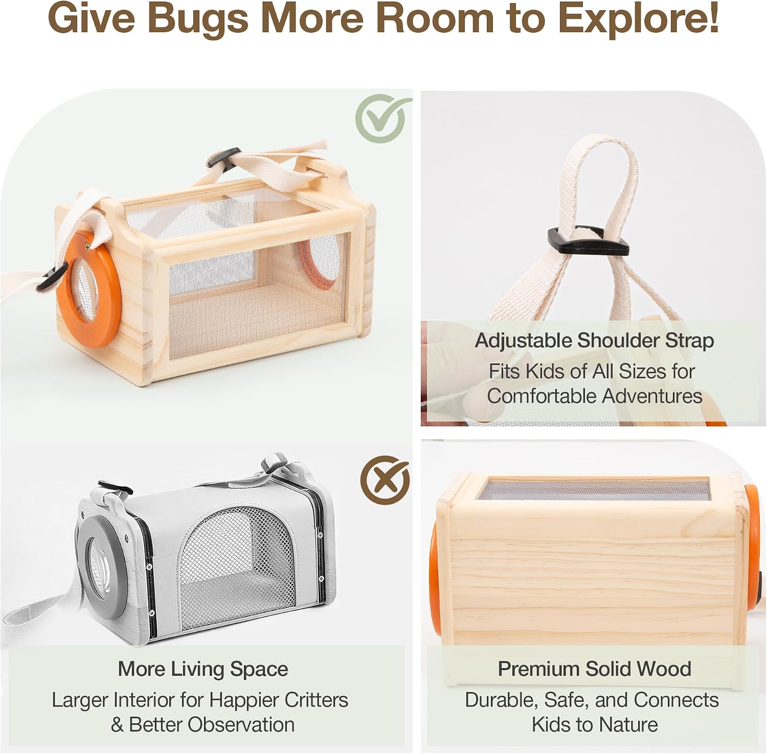 Wooden Bug Catcher Kit for Kids, 16-in-1 Outside Toys for Toddlers STEM Outdoor Explorer Set with 3-Way Observation Habitat, Butterfly Net, Magnifying Glass, Educational Gift for Boys Girls Ages 3-8 - Image 9