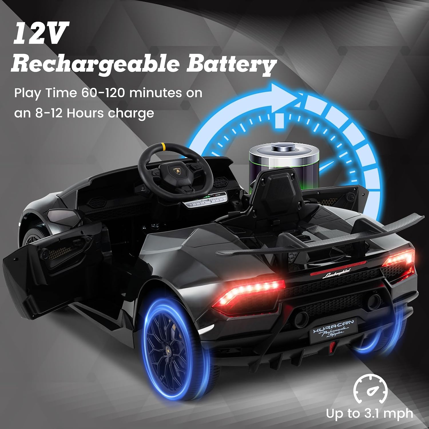 Licensed Lamborghini Huracan Ride on Car by INFANS, 12V Kids Electric Vehicle Battery Powered Toy with Remote Control, LED Lights, Spring Suspension, Bluetooth, MP3, Aged 3-8 Years (Black) - Image 3