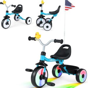 BABY JOY Toddler Bike, Folding Kids Tricycle w/Glowing Wheels, Flag, 3-Position Seat, Storage Basket & Squeaky Duck, Baby Trike Balance Bike for 1-3 Years Old Boys Girls Outdoor Play (Blue)