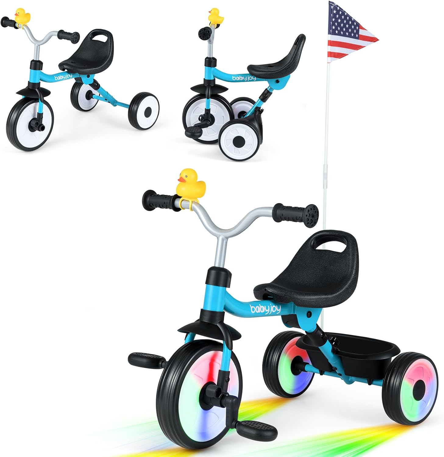 BABY JOY Toddler Bike, Folding Kids Tricycle w/Glowing Wheels, Flag, 3-Position Seat, Storage Basket & Squeaky Duck, Baby Trike Balance Bike for 1-3 Years Old Boys Girls Outdoor Play (Blue)