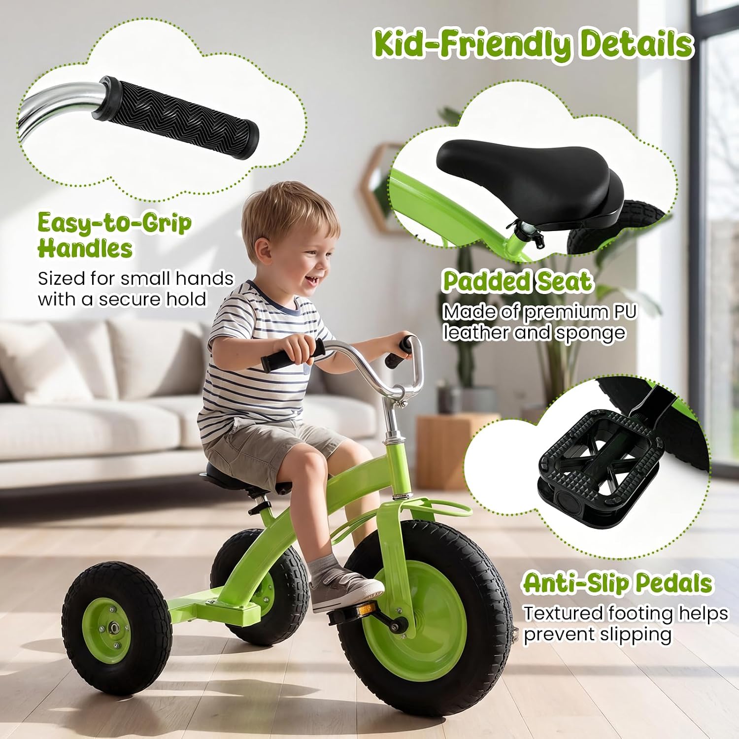 BABY JOY Kids Tricycle, 15-Inch Front Wheel Trike with Carbon Steel Frame, Inflatable Rubber Tires, Adjustable Handlebar & Seat, Ride-on Toddler Bike for Boys Girls (Green) - Image 6