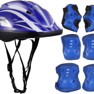 Kids Helmet with Sports Protective Gear Set: Adjustable Helmet for Ages 3-8 Boys Girls, Toddler Knee Elbow Wrist Pads for Cycling Biking Riding Skating Scooter (Blue)