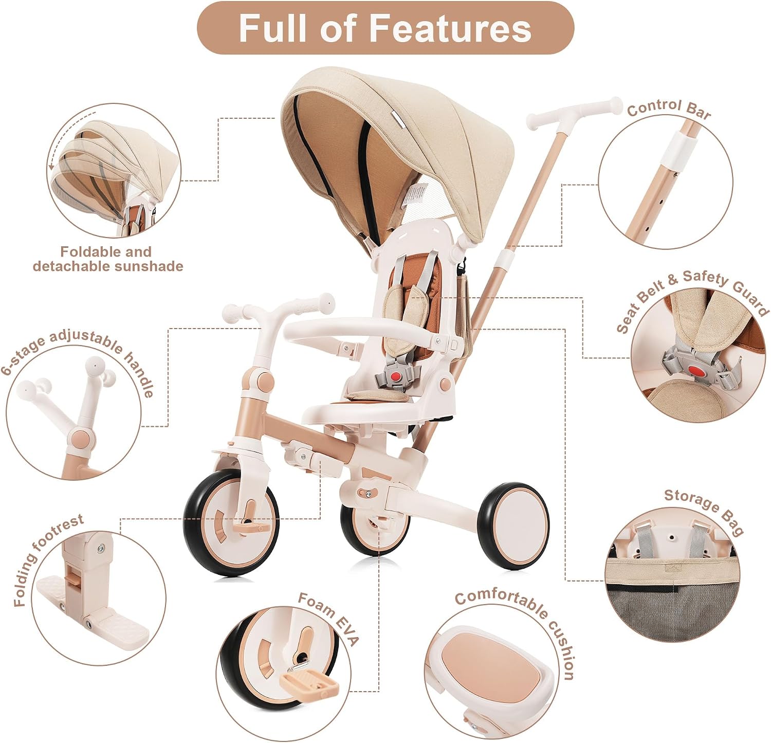 Baby Tricycle, 7-in-1 Foldable Kids Trike with Adjustable Parent Handle, Removable Canopy, Pedals & Guardrail, Kids Push Bike Stroller for 12-72 Months for Boys & Girls (Light Brown) - Image 9
