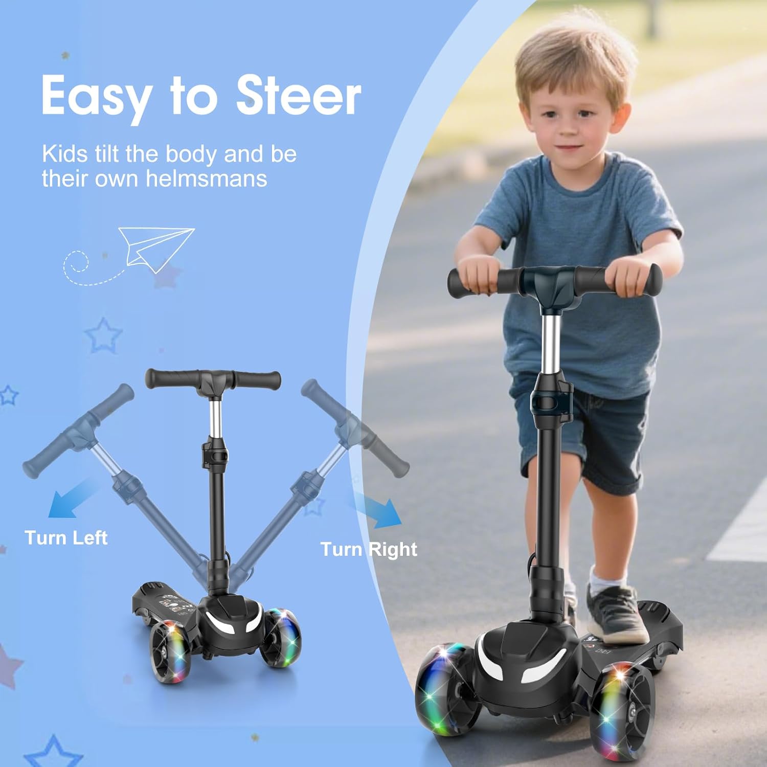Electric Scooter for Kids Ages 3-8, 3 Wheels Electric Scooter, Electric Kick Scooter with 2 Speeds, Long Battery Life, Flashing LED Wheels, Adjustable Height, B2 with Bluetooth Music for Boys/Girls - Image 5