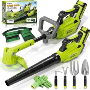 Pandapop Kids Gardening Tools Set, 2 In 1 Kids Leaf Blower & Toy Weed Wacker with Sounds & Lights, Kid Tool Set with Belt & Gloves, Outdoor Play Toy Tools, Christmas Birthday Gifts for Boys 3 4 5 6 7+