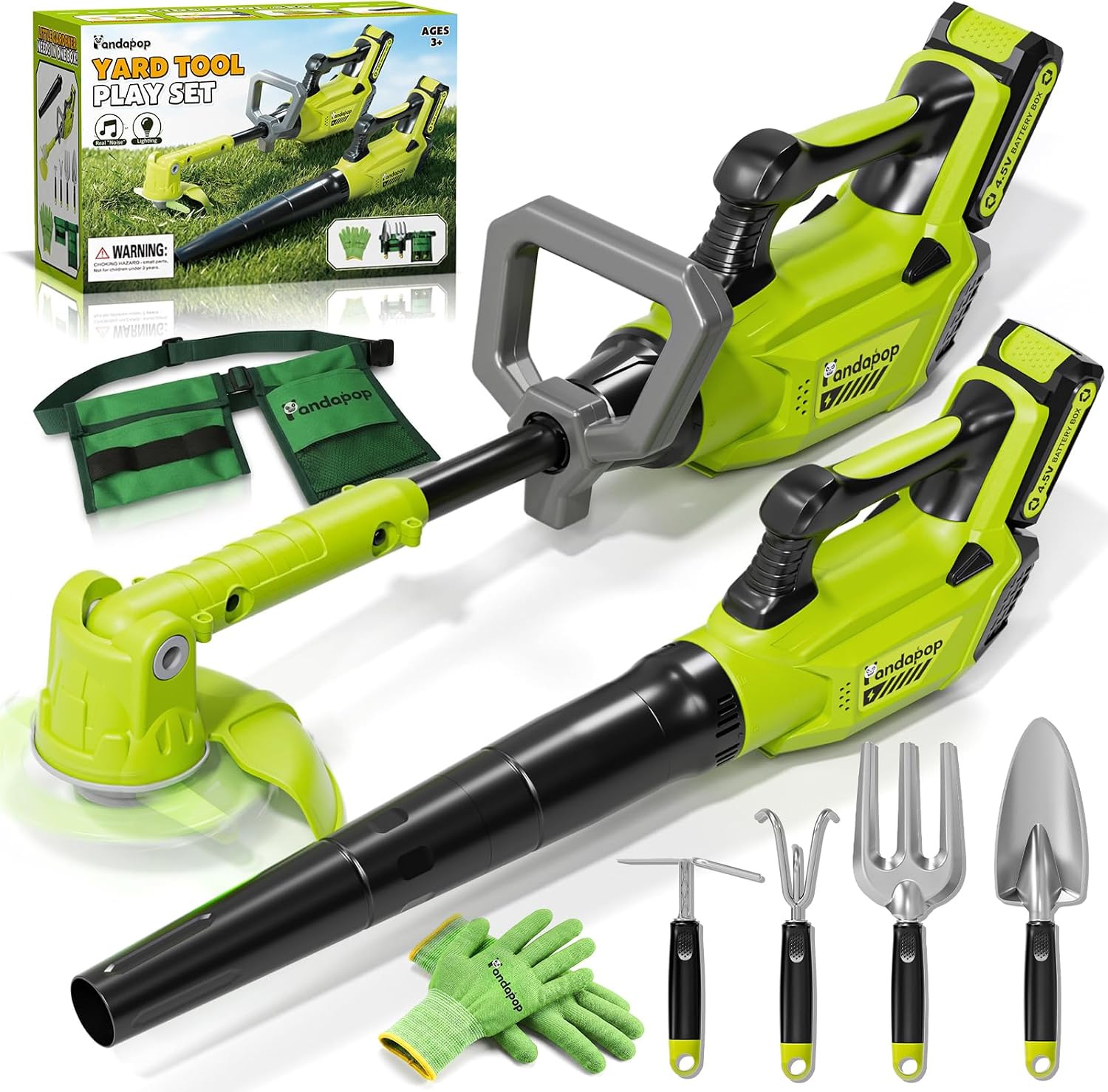 Pandapop Kids Gardening Tools Set, 2 In 1 Kids Leaf Blower & Toy Weed Wacker with Sounds & Lights, Kid Tool Set with Belt & Gloves, Outdoor Play Toy Tools, Christmas Birthday Gifts for Boys 3 4 5 6 7+