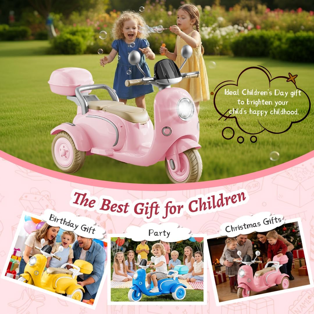 TCARAIWEN 2-Seater Electric Motorcycle for Girls, 3 Wheel 12V Electric Motorcycle, Ride On Toys for Kids 3-5 Years, Mini Moped with Multifunctional Music Player, Pink - Image 6