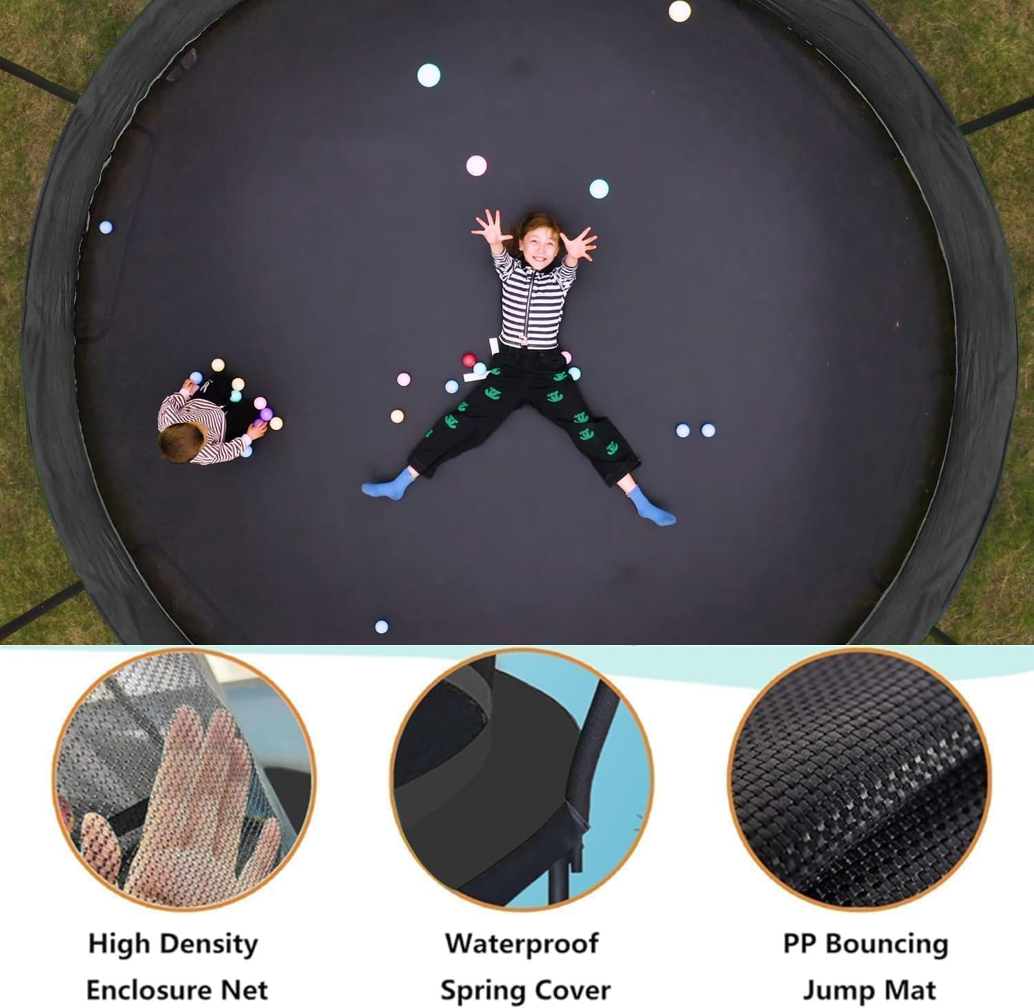 6FT 8FT 10FT 12FT 14FT Springfree Trampolines with LED Lights, Sprinkler, Music Speaker and Socks, ASTM Approved Outdoor Trampoline for Kids and Adults, Backyard Trampoline with Curved Poles - Image 5