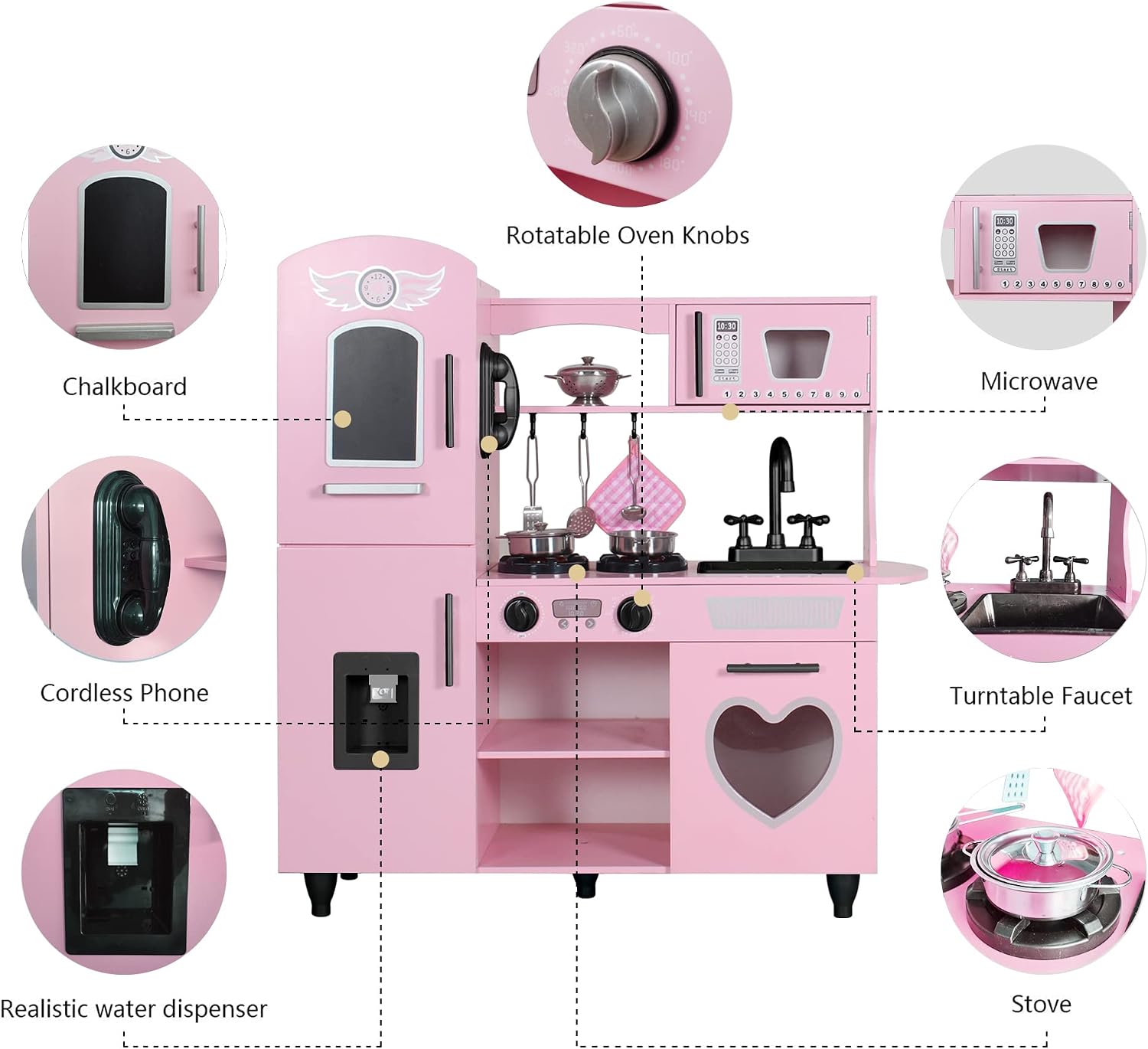 TaoHFE Play Kitchen, Pink Kids Kitchen Set for Girls Kitchen Set for Kids Ages 6-8 Gift Toddler Kitchen Set for Kid Age 3+ Kitchen Playset with Lights & Sounds Wooden Toy Kitchen Playset Gift - Image 6