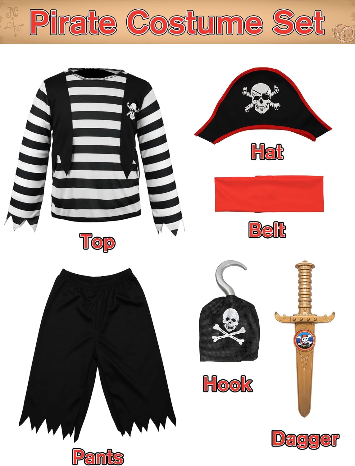 IKALI Pirate Costume for Kids Boys,Toddler Pirate Role Play Dress Up with Bandana, Cutlass, Hat 3-10 Years - Image 5