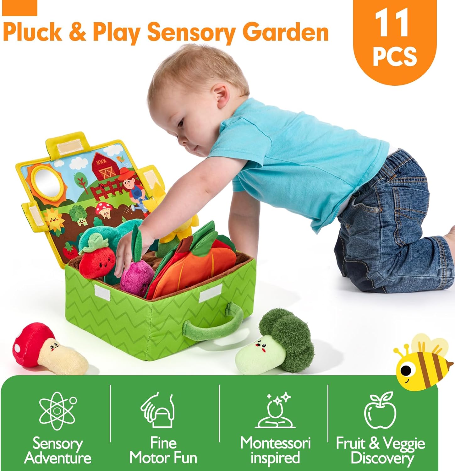 hahaland Baby Toys 6-12 Months - Fruits Vegetables Garden Plant Farm Plush | 6 Month Old Montessori Sensory Toys Carrot Flower with Rattles Mirror Squeaker Crinkle Tissues, 9 Month Old Gifts for Babies - Image 2