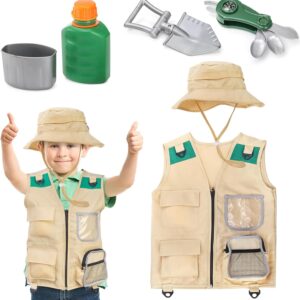 Coloch 5 Pcs Explorer Costume Kit for Kids, Kid Safari Outfit Set Children Pretend Play Costumes Including Cargo Vest, Hat, for Role Play as Zoo Keeper, Paleontologist, Park Ranger, for Boy& Girl 3-7