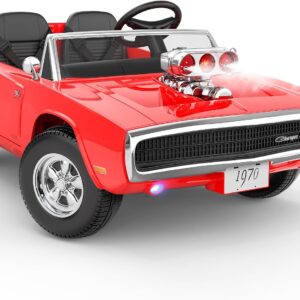 First Ride On 2 Seater Ride on Car for Kids, Licensed 1970 Dodge Charger R/T Kids Electric Vehicles w/Iconic Hood-Mounted Supercharger, 24V Ride on Toys w/Remote Control, LED Lights, Bluetooth (Red)