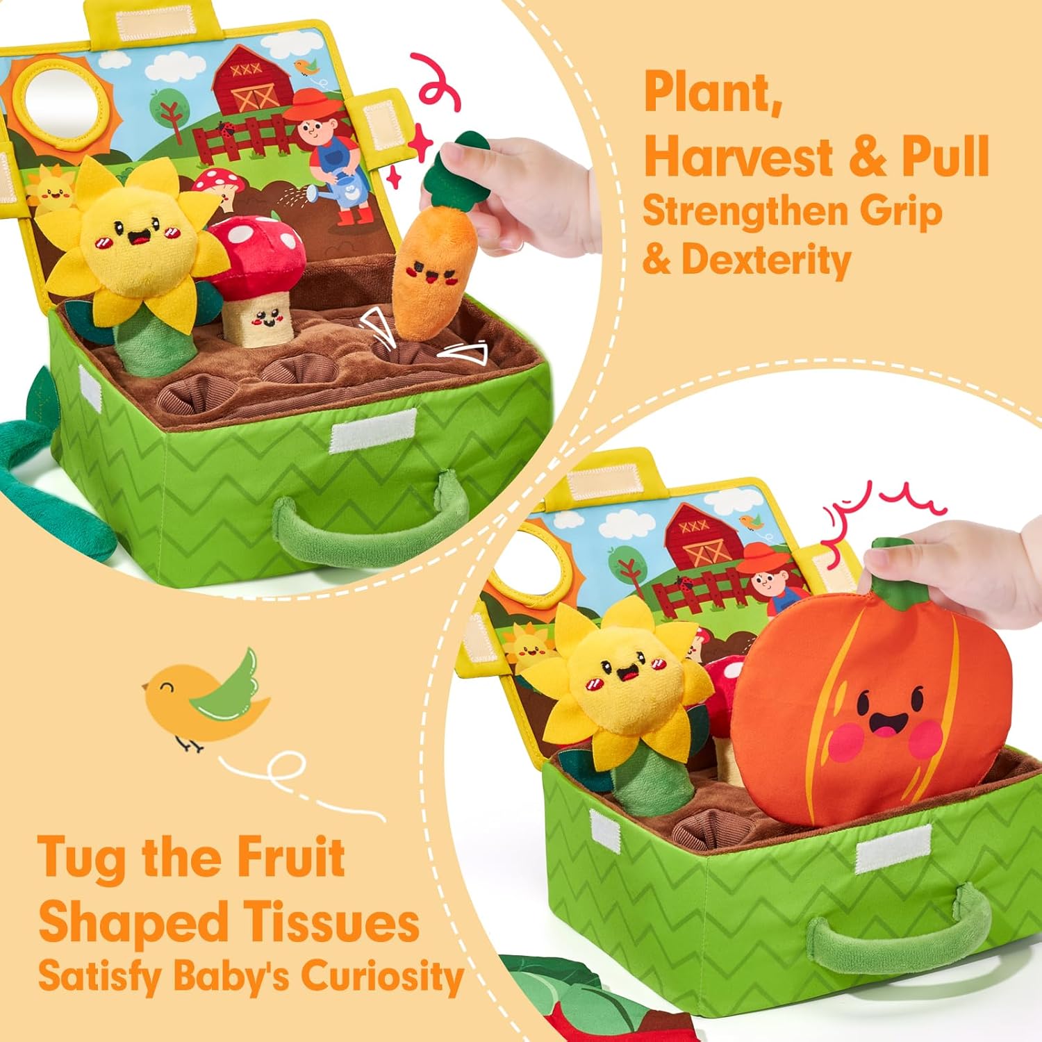 hahaland Baby Toys 6-12 Months - Fruits Vegetables Garden Plant Farm Plush | 6 Month Old Montessori Sensory Toys Carrot Flower with Rattles Mirror Squeaker Crinkle Tissues, 9 Month Old Gifts for Babies - Image 3