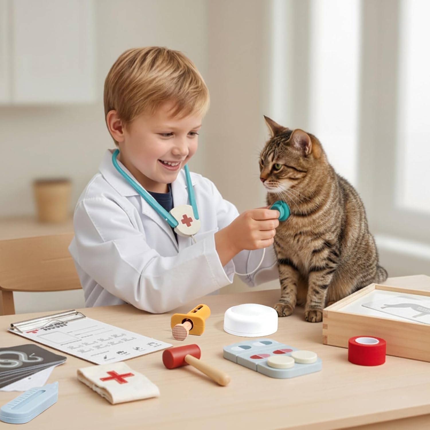 Macabaka Doctor Kit for Toddlers 3-5, Pet Vet Pretend Play Toys for Kids, with X-Ray, Wooden Light Box, Medical Tools, STEM Educational Montessori Toys - Image 8