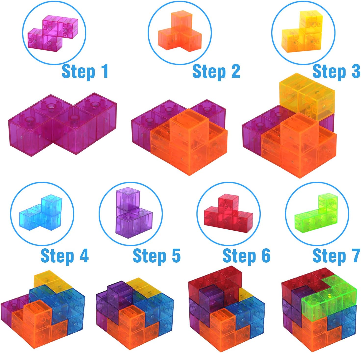 WorWoder Kids Magnetic Building Blocks Magic Magnetic 3D Puzzle Cubes, Set of 7 Multi Shapes Magnetic Blocks with 54 Guide Cards, Intelligence Developing and Stress Relief Fidget Toys for Kids (Blue) - Image 5