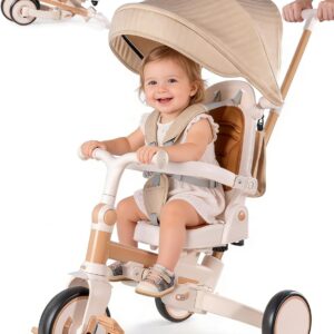 7-in-1 Tricycle for Toddlers 1-3 Years, Foldable Baby Trike Stroller with Steering Push Handle, Gift for Boys Girls 12 Months to 6 Years- Brown