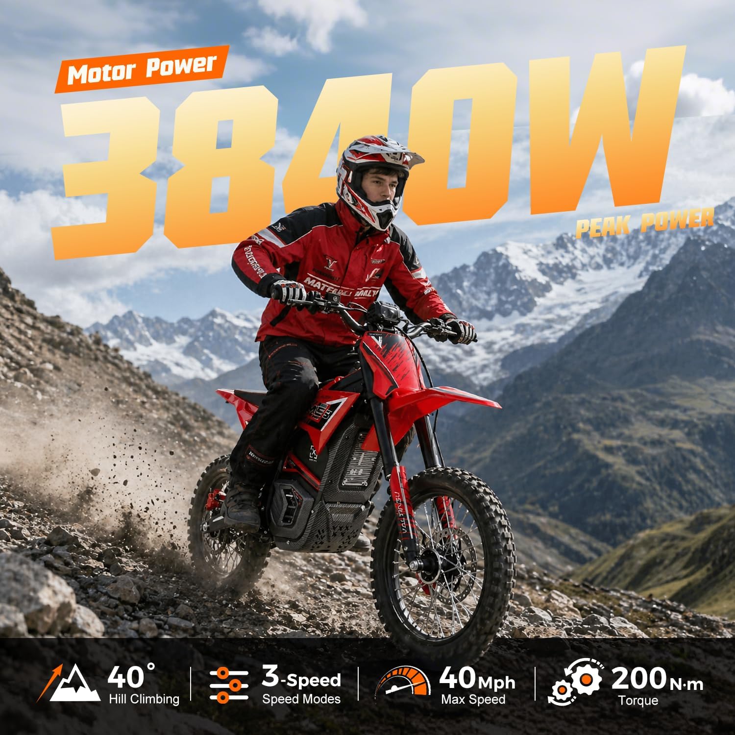 EM5 Electric Dirt Bike w/Light & Display, Off-Road Motorcycle 3840W 3 Speed Modes (Max 40MPH) 48V Range 53MI,14"/12" Tires,Dual Suspension & Hydraulic Brakes Fit Age 13+ - Image 2