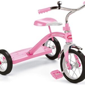 Radio Flyer Classic Pink Tricycle, for Ages 2-4, 10″ Front Wheel, Steel Frame, Adjustable Seat, Rubber Tires, Chrome Details, Bell, Rear Step, Controlled Turning Radius, Tricycle for Toddlers