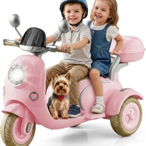 TCARAIWEN 2-Seater Electric Motorcycle for Girls, 3 Wheel 12V Electric Motorcycle, Ride On Toys for Kids 3-5 Years, Mini Moped with Multifunctional Music Player, Pink